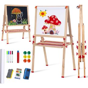 Wooden Adjustable Easel for Kids,Quick-Fold Kids Easel with Paper Roll&Accessories, Double Sided Painting Easels for Toddlers 3,4,5,6,7,8,9,10 Years,Perfect Painting Gifts&Supplies for Boys&Girls