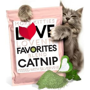 Soft Cat Nip for Cats kissed with Silvervine Leaf – Big 2.2 (2 cups) oz of Love – Fine Cut & Potent – More Kitties Love a Premium Catnip Silvervine Leaf Blend – Strong & Fresh Lovenip Favorites Blend