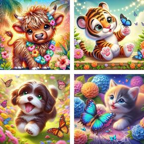 Xylogist 4 Pack Animal Paint by Number for Kids Ages 8-12, Easy Tiger Cat Dog Highland Cow DIY Acrylic Oil Painting Kits Perfect for Home Wall Decoration and Holiday Gifts 8X8 Inch