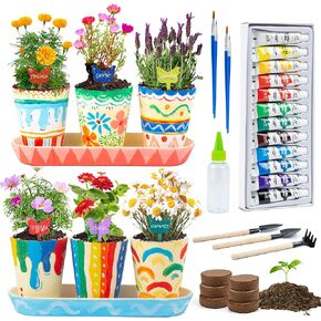 Kids Gardening Set Paint and Plant Stoneware Flower Growing Kit with 6 Pots and Gardening Tools Arts and Crafts for Kids Ages 8-12 Best Easter Gifts for Girls Boys Ages 5 6 7 8 9 10