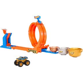 Hot Wheels Monster Trucks Toy Truck & Track Set, Loop-and-Flip Trophy Challenge Playset & 1:64 Scale 50th Anniversary Die-Cast Bigfoot, 2 Ways to Play