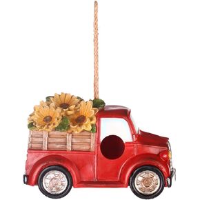 Polystone Resin Bird House Outdoor Garden Bird House, Red Truck with Flowers