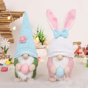 Easter Gnomes Plush Decoration, 2 PCS Bunny Dolls with Easter Egg Handmade Faceless Elf Dwarf Spring Home Decor Gift for Kids Wife Daughter, Swedish Rabbit Tomte Table Ornaments Tiered Tray