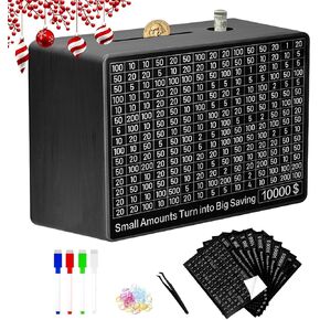Large Money Saving Box,9.1 x 6.7 x 3.2 Inches,Wood Savings Challenge Box with 10 Targets $200 to $10000,Reusable Cash Savings Box for Kids and Adults,Black