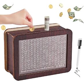 SMARTAKE Wooden Money Saving Challenge Box, 10000 Savings Challenge Box with Money Target and Numbers, Rounded Corner Assembled Piggy Bank for Adults and Kids, 8 Amounts