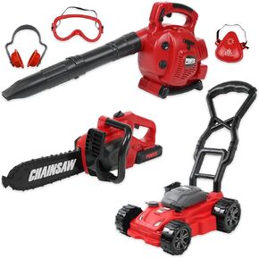 Kids Leaf Blower, Toy Chainsaw, and Lawn Mower Set | Realistic Toddler Landscaping Power Tools with Sound and Action| Includes Safety Goggles Mask and Earmuffs