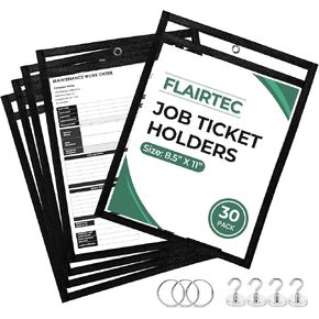 FLAIRTEC Job Ticket Holders 8.5x11 (30 Pack) | Reusable Dry Erase Pockets Black with Metal Rings & Hooks | Durable Clear Shop Sleeves for Work Order | Perfect for Classrooms, Offices & Industrial Use
