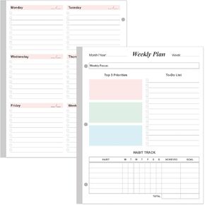 3-Hole Weekly Planner Refills - 53 Sheets/106 Pages Colorful Weekly Planner for 3 Ring Binders, 100 gsm White Paper, Lasts 1 Year, Undated, 8.5'' x 11''