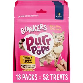 Bonkers Purrpops, Freeze Dried Chicken Flavored Lollipop Cat Treats, Cat Treats, Treats for Training, for All Breeds and Ages, Food Topper (13 Pack, 52 Pieces)