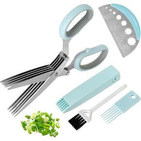 Herb Scissors Salad Scissors, Upgrade Herb Scissors with 5 Blades and Cover + 2 Brush, Kitchen Salad Scissors with Herb Stripping, Multi Scissors Herb Cutter, Smart Cutter Food Scissors Chopper, Blue