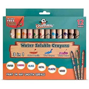 Channie's 3 in 1 Water Soluble Crayons for Kids: Wax Crayons, Color Pencils & Water Color, With Free Paint Brush & Sharpener, Paint on Any Smooth Surface, 12 Color Set