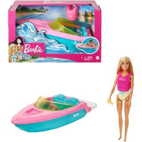 Barbie Doll & Toy Boat Playset with Pet Puppy, Life Vest & Beverage Accessories, Fits 3 Dolls & Floats in Water