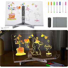 LED Acrylic Message Board - Note Board with Colors, Light up Dry Erase White Board with 7 Pens, Drawing Memo Writing Board Birthday Gifts for Kids Home Office Desk, 11.8''x7.8''