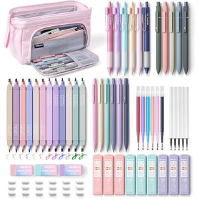 Nicpro 55PCS Aesthetic School Supplies, Bible Study Supplies with Cute Pen Case, 12 Pastel Highlighters, 11 Colors Ink Gel Pens, 6 Mechanical Pencils, Bible Study Kit for Women Girls Stationery