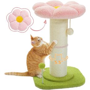 PEQULTI Flower Cat Scratching Post, Small Cat Tree, Tall Cat Scratcher for Indoor Cats with Super Thick Scratching Post [Dia=5.5''], Removable Flower Cat Bed, Cat Scratch Post with Spring Ball, Pink