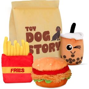 Dog Squeaky Toys - 4-in-1 Dog Plush Toy Set - Cute Dog Toys with Playful Bag, Toys for Small & Medium Dogs, Burger, Fries and Boba Drink Toys - Soft Dog Toys for Sensory and Play Time in Saudi Arabia