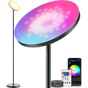 YHW Smart RGB LED Floor Lamp Works with Alexa Google Home, WiFi Remote Modern Tall Standing Light, Super Bright 2000LM Color Changing & Dimmable Sky Torchiere for Living Room, Bedroom (Black)