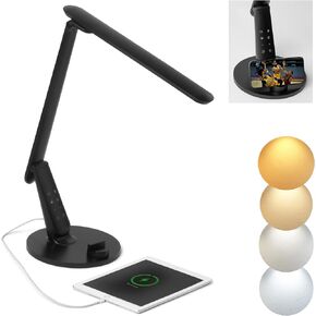 LED Desk Lamp with USB Charging Port, Eye-Caring Desk Light, 10W Flexible Desk Lamp for Home Office, Dimmable Lamp for Desk, Adjustable 4 Lighting Modes with Memory, Timer & Phone Stand, Black