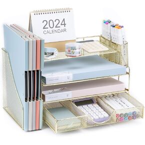 Desk Organizer with File Holder, 4-Tier Letter Paper Tray Organizer with Drawer and 2 Pen Holder, Mesh File Organizer and Storage for Office Desk Organization and Accessories - Gold