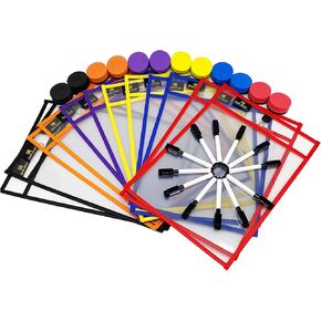12 Pack of 10"W x 14"H Dry-Erase Pockets with Magnets, Reusable Sleeves, Assorted Colors of Clear Plastic Sheets, Complete Set