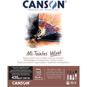 Canson Mi-Teintes Velvet Drawing Paper Pad, Charcoal Black, Glue Binding, (260lb/430g), 12 Sheet, 12.6x16.1 inch, 1 Count