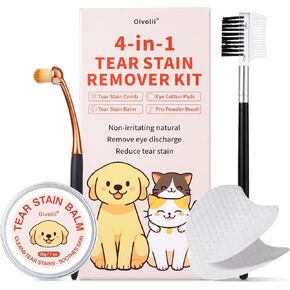 Tear Stain Remover Kit for Dogs & Cats with Tear Stain Comb, Tear Stain Balm, Eye Cotton Pads, Pro Powder Brush Gently Remove Tear Stain, Eye Debris, Discharge, Mucus Secretions