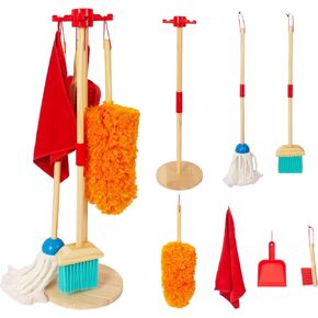 Kids Cleaning Set, Housekeeping Play Set Includes Broom Mop Duster Dustpan Brushes Rag and Organizing Stand, Cleaning Toys Gift for Toddlers Girls Boys Age 3-6, Solid Beech Wood (Red)