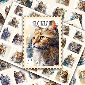 Post Stamps Stickers Set ~ Charming Cat Stamp Collection Showcasing Delicate and Expressive Watercolor Portraits of Feline Friends ~ FLONZ Vintage Decals for Craft