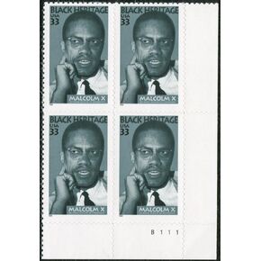 MALCOLM X ~ BLACK HERITAGE #3273 Plate Block of 4 x 33¢ Us Postage Stamps
