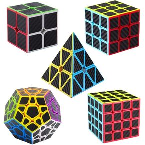 Roxenda Speed Cube Set, [5 Pack] Magic Cube Bundle of 2x2 3x3 4x4 Megaminx Cube and Pyramid Cube Smoothly Carbon Fiber Sticker Speed Cubes Collection for Kids Teens & Adults
