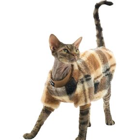 Cat Double-Sided Fleece Clothes, Soft Warm Winter Jumpsuit Sweater Shirt Clothing for Hairless Sphynx, Devon & All Indoor Kittens (Khaki,S)