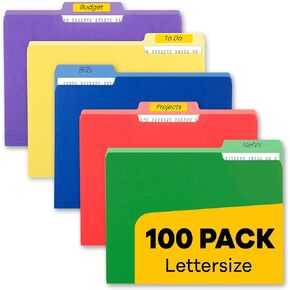 Colored File Folders - (100 Pack), 8.5 x 11 Letter Size, 5 Bright Colors - Ideal for Easy and Efficient Document Organization