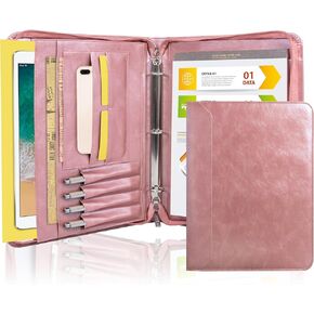 AZXCG Zipper Binder Portfolio for Women, 3 Ring Binders 1 inch, PU Leather Padfolio Folder, Business Portfolio Organizer with A4 Legal Pads, Thin Leather Professional Binder, Gift for Her, Rosegold