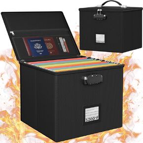 Fireproof Document Box File Organizer - Portable Waterproof Fire Safe Locking Filing Storage Box with Handle for Hanging Letter Size Folder Important Document