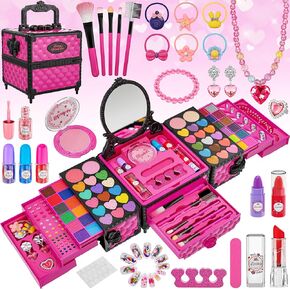 99 Pcs Kids Makeup Kit for Girls, Princess Toys Real Washable Cosmetics Set with Mirror, Hair Ties, Nails, Rings, Earrings, Necklace, Perfect for 3 4 5 6 7 8 Year Old Girls Birthday