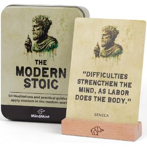 Daily Stoicism Affirmation Cards - 50 Stoic Philosophy Life Change Quotes, Gift for Men in Metal Box with Wood Stand