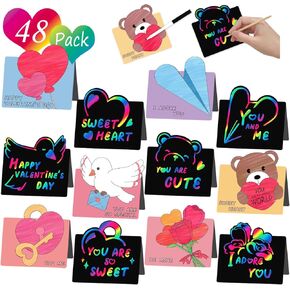 PARTYWIND Valentine's Day Cards for Kids, 48 Pack Valentines DIY Crafts for Kids Classroom Exchange, Magic Scratch Art Paper Crafts, Valentines Decorations Party Supplies