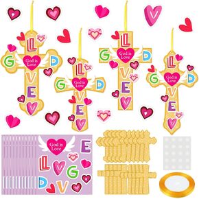 Motipuns 48 Sets Valentine's Day God is Love Cross Craft Kit Make Your Own Thankful Cross Hanging Ornaments Religious DIY Craft for Family's Church Christian Valentine Party Decor