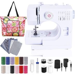 Sewing Machine for Beginners, Electric Mini Portable, 14 Built-in Stitches with Reverse Sewing, 2 Speeds Double Thread with Foot Pedal, Storage Bag, Cotton Fabric and Threads (White)