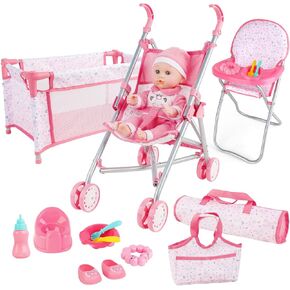 deAO Baby Doll Stroller Crib Bed Nursery Role Play Set Baby Doll Accessories and Play Mat,Travel Cot,Bouncer,Foldable Stroller and Travel Bag Birthday for Girls Boys Kids