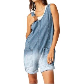 LifeShe Women's Denim Overall Shortall Casual Sleeveless V Neck Jean Overalls Shorts Romper with Pockets