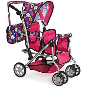 Twin Doll Stroller with Diaper Bag and Swivel Wheels & Adjustable Handle - Pink & Polka Dot Design