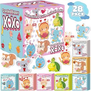 Scented Valentines Erasers for Kids - 28 PACK Animal Scented Erasers with Valentines Boxes, Valentine Exchange Cards for School Classroom, Valentines Party Favors, valentine gifts for kids
