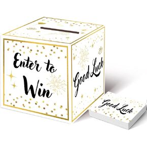 Raffle Box with 100 Raffle Tickets Gold Ballot Box with Slot Enter to Win Cards Suggestion Box Donation Box Collection Box