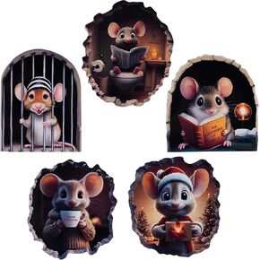 𝟓𝐏𝐂𝐒 3D Mouse Wall Stickers Murals Vinyl Art Peel and Stick Decals Wall Hole Cover for Kids Room Boys Girls Bedroom Playroom Bathroom Classroom Readingroom Funny Decor