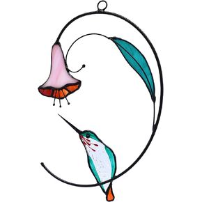 Lolitarcrafts Hummingbird with Flower Stained Glass Suncatcher Bird Stained Glass Window Hangings Hummingbird Gift for Home Decor (Green)