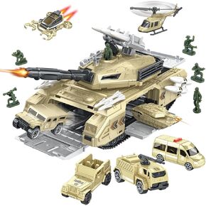 Military Tank Army Toy Sets - Army Toys with 7 Vehicles Helicopter Army Men, Storable Truck for Boys Age 3-5 4-7, Birthday Present, Easy to Store