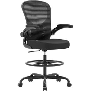 Synorla Ergonomic Drafting Chair, Tall Office Chair with Flip-up Armrests, Breathable Mesh High Desk Chair with Lumbar Support Adjustable Footrest Ring for Standing Desk, Home Office Studio