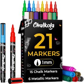 Chalkola Extra Fine Tip Chalk Markers for Blackboard & Glass (Pack of 21, 1mm Point) | Window Markers, Liquid Chalk Pens for Dry Erase Board, Car, Acrylic Calendar | Thin Chalkboard Markers Erasable