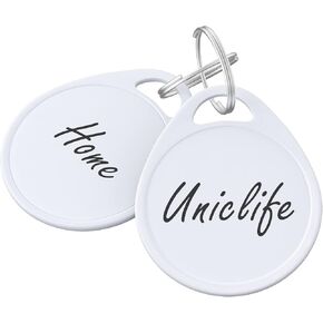 Uniclife 1.5 Inch Tough Plastic Key Tags Sturdy Round White Item Identifiers with Blank Paper Label Stickers and Split Rings, 50 Pack